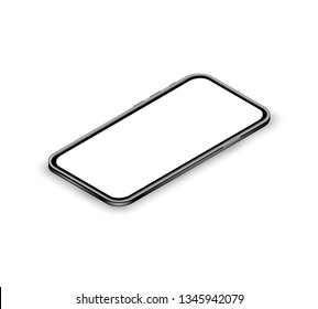 Realistic isometric smartphone concept. Mobile phone mockup with blank touchscreen on white background. Banner for digital marketing, promotion, advertising, mobile app. Flat vector illustration