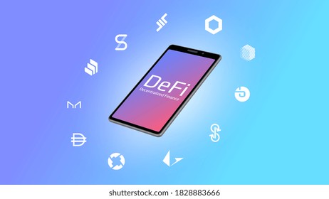 Realistic isometric smartphone with DeFi decentralized finance text and coins icons around on a light background. Beautiful gradient blue to pink. Vector 10.