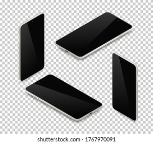 Realistic isometric smartphone set. 3d metallic gray mobile phone with empty black screen and shadow top view on transparent background. Vector Illustration For Web, Application, mockup, app demo.
