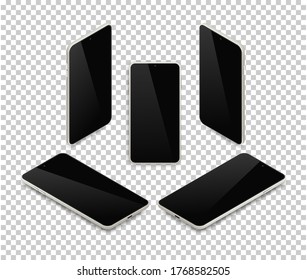 Realistisches isometrisches Smartphone-Set. 3D-Graues Handy mit leerem schwarzem Bildschirm und Schatten-Draufsicht auf transparentem Hintergrund. Vektorgrafik für Web, Anwendung, Mock-up, App.