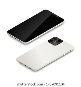 Vista de la parte superior del smartphone isométrico realista. Teléfono móvil 3d gris metálico con pantalla negra vacía aislado en fondo blanco. Ilustración vectorial para web, aplicación, elemento de simulación, demostración de aplicación