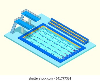 Realistic isometric sport pool. Creative 3D vector illustration with basin, tower jump and tribune. Perspective design used for infographics,banner, poster or card creation.