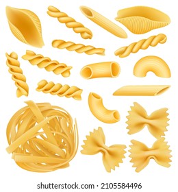 Realistic italian pasta, dry fettuccine, farfalle and penne pasta. Italian raw macaroni 3d isolated vector illustration set. Different pasta shapes. Italian fettuccine food, farfalle and fusilli