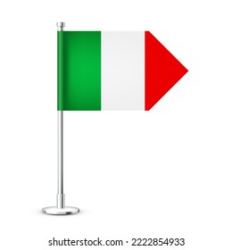 Realistic Italian table flag on a chrome steel pole. Souvenir from Italy. Desk flag made of paper or fabric and shiny metal stand. Mockup for promotion and advertising. Vector illustration