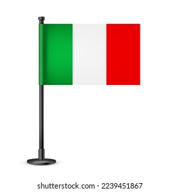 Realistic Italian table flag on a black steel pole. Souvenir from Italy. Desk flag made of paper or fabric and shiny metal stand. Mockup for promotion and advertising. Vector illustration