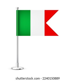 Realistic Italian table flag on a chrome steel pole. Souvenir from Italy. Desk flag made of paper or fabric and shiny metal stand. Mockup for promotion and advertising. Vector illustration
