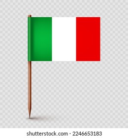 Realistic Italian toothpick flag. Souvenir from Italy. Wooden toothpick with paper flag. Location mark, map pointer. Blank mockup for advertising and promotions. Vector illustration