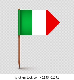 Realistic Italian toothpick flag. Souvenir from Italy. Wooden toothpick with paper flag. Location mark, map pointer. Blank mockup for advertising and promotions. Vector illustration