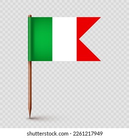 Realistic Italian toothpick flag. Souvenir from Italy. Wooden toothpick with paper flag. Location mark, map pointer. Blank mockup for advertising and promotions. Vector illustration