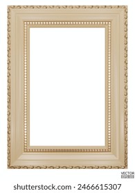 Realistic Ivory wooden vintage frame isolated on white background.  Rectangle frames mockup. Classic Photo wooden frame. Beige border for painting, poster, and photo gallery. 3d vector illustration.