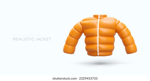 Realistic jacket in cartoon style. Brown puffer jacket. Vector image on light background with text. Header for product category. Advertising concept of outerwear svg