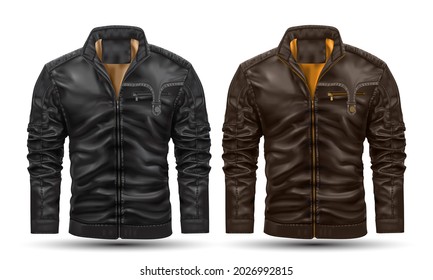 Realistic jacket leather black brown collection on white background vector illustration.