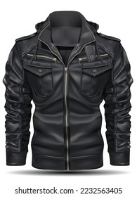 Realistic jacket leather black for man on white background vector illustration.