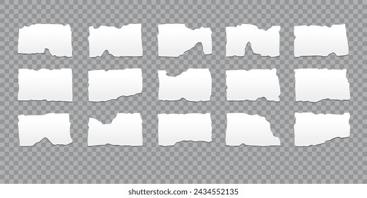 Realistic jagged rectangles. Vector design elements. Set of torn white paper isolated on transparent backdrop