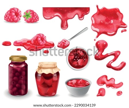 Realistic jam icons set with red garden berries on white background isolated vector illustration 商業照片 © 