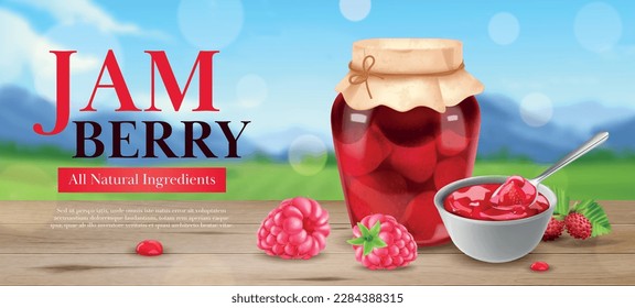 Realistic jam poster with ripe berries in can vector illustration