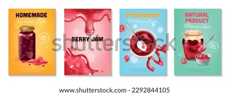 Realistic jam poster set with vertical backgrounds editable text and berry jam in glass cans plates vector illustration 商業照片 © 