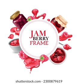 Realistic jam round composition with circle shaped frame ornate text and images of canned jam spots vector illustration