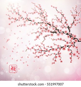 Realistic japan cherry branch with blooming flowers. Hieroglyph - Sakura. EPS 10 vector file included