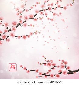 Realistic japan cherry branch with blooming flowers. Hieroglyph - Sakura. EPS 10 vector file included