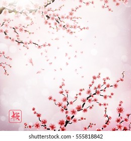 Realistic japan cherry branch with blooming flowers. Hieroglyph - Sakura. EPS 10 vector file included