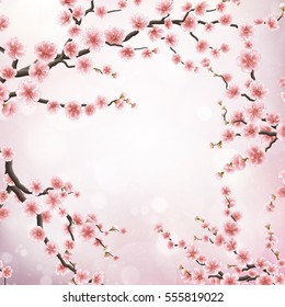 Realistic japan cherry branch with blooming flowers. Hieroglyph - Sakura. EPS 10 vector file included