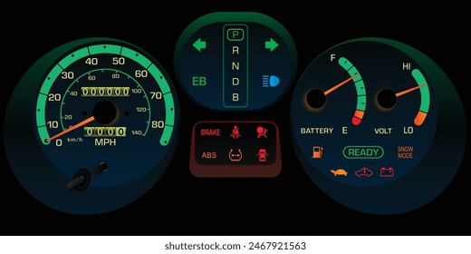 The realistic Japanese 90s era EV car instrument panel in US specs illustration vector.