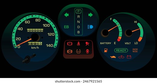 The realistic Japanese 90s era EV car instrument panel in Japanese specs illustration vector.