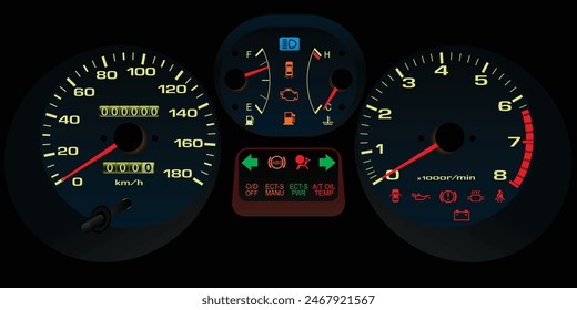 The realistic Japanese 90s era SUV car instrument panel in Japanese specs with automatic transmission illustration vector.