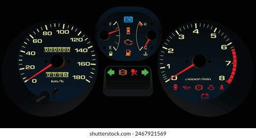 The realistic Japanese 90s era SUV car instrument panel in US specs with manual transmission illustration vector.