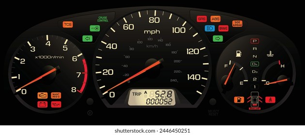 Realistic Japanese car gauge cluster in U.S. specs with normal light bulb illumination illustration vector.