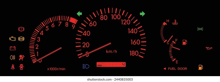 Realistic Japanese car instrument panel Japanese specification with lcd trip meter display illumination and full function warning light illustration vector.