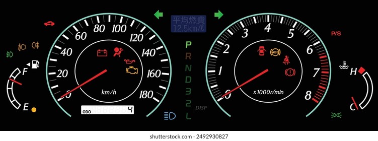 Panel de instrumentos de coche japonés realista especificación sedán compacto de lujo con pantalla lcd de medidor de viaje y pantalla de información múltiple de función completa incluido Vector de ilustración de computadora de viaje.