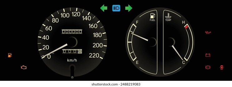 Realistic Japanese car lower trim Thai specs instrument panel with manual transmission without tachometer in white theme illumination illustration vector.