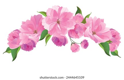 Realistic Japanese cherry blossom branch with fluffy pink flowers of the Sato-zakura variety. Vector illustration of cheerful flowers. Composition for a Mother's Day card or wedding invitation.