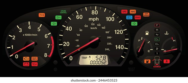 Realistic Japanese coupe gauge cluster in U.S. specs with normal light bulb illumination illustration vector.