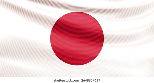 Realistic Japanese flag. Wavy national flag state of Japan closeup. Patriotic background with country symbol for celebrating Foundation Day. 3d vector illustration