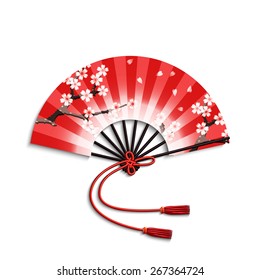 Realistic japanese folding fan with sakura flowers ornament isolated on white background vector illustration