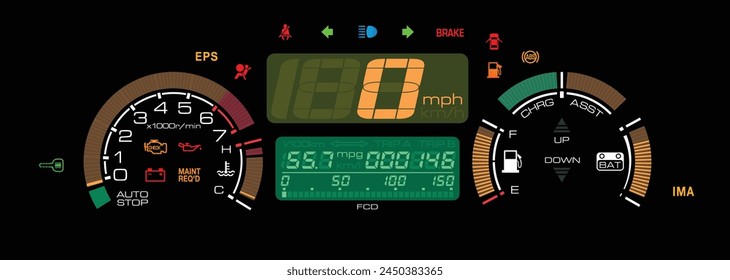 Realistic Japanese gasoline hybrid car gauge cluster with manual gearbox in U.S. specs illustration vector.