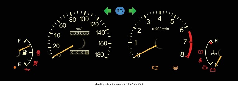 Realista japonês final dos anos 90 era médio guarnição Japonês especificações painel de instrumentos com transmissão manual incluído airbag indicador em branco tema amarelo agulha ilustração vetor.