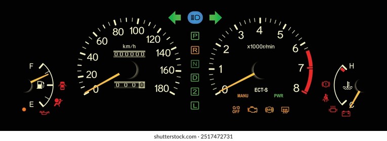 Japonês realista final dos anos 90 era médio guarnição Japonês especificações painel de instrumento com transmissão automática incluído airbag e ABS indicador em branco tema amarelo agulha ilustração vetor.