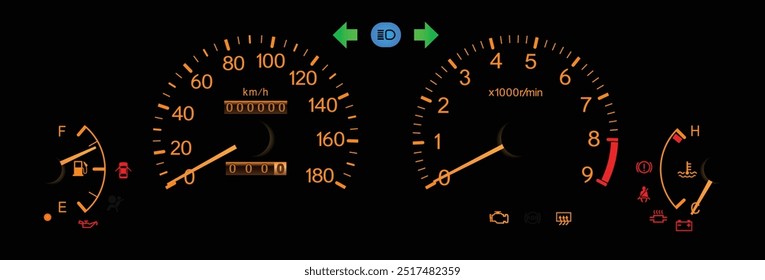 Realista japonês final dos anos 90 era esporte guarnição japonês especificações painel de instrumentos com transmissão manual em laranja tema amarelo agulha ilustração vetor.
