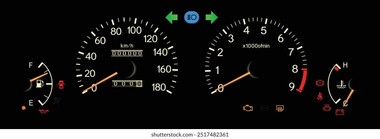 Realista japonês final dos anos 90 era esporte guarnição japonês especificações painel de instrumentos com transmissão manual em branco tema amarelo agulha ilustração vetor.