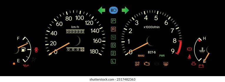 Japonês realista final dos anos 90 era esporte guarnição Japonês especificações painel de instrumentos com transmissão automática eletronicamente em branco tema amarelo agulha ilustração vetor.