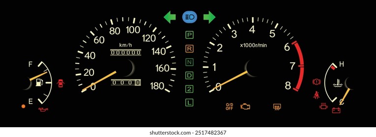 Realista japonês final dos anos 90 era entrada guarnição Japonês especificações painel de instrumentos com transmissão hidráulica automática em branco tema amarelo agulha ilustração vetor.