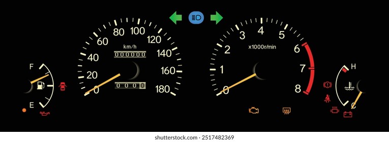 Realista japonês final dos anos 90 era entrada guarnição Japonês especificações painel de instrumentos com transmissão manual em branco tema amarelo agulha ilustração vetor.