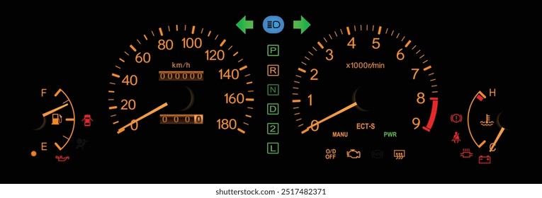 Japonês realista final dos anos 90 era esporte guarnição Japonês especificações painel de instrumentos com transmissão automática eletronicamente em laranja tema amarelo agulha ilustração vetor.