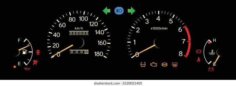 Realista japonês final dos anos 90 era médio guarnição Japonês especificações painel de instrumentos com transmissão manual incluído sistema de segurança e pneu pressão sistema de monitoramento indicador de ilustração vetor.