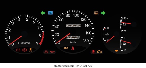 Realistic Japanese specification manual transmission performance car instrument panel with voltmeter and white sport tone illumination illustration vector.