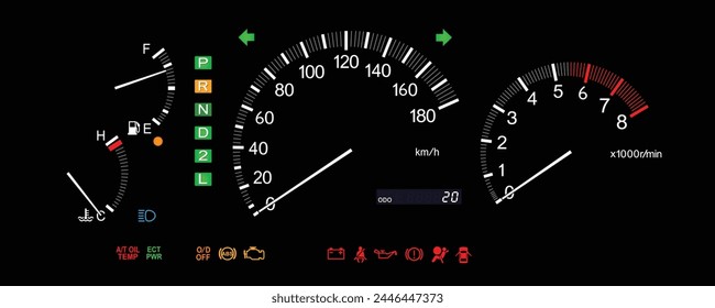 Coche automático de gasolina de Especificaciones japonesas realistas con función de tracción a las 4 ruedas y medidor de viaje lcd operado en Vector de ilustración de sistema de iluminación electroluminiscente.